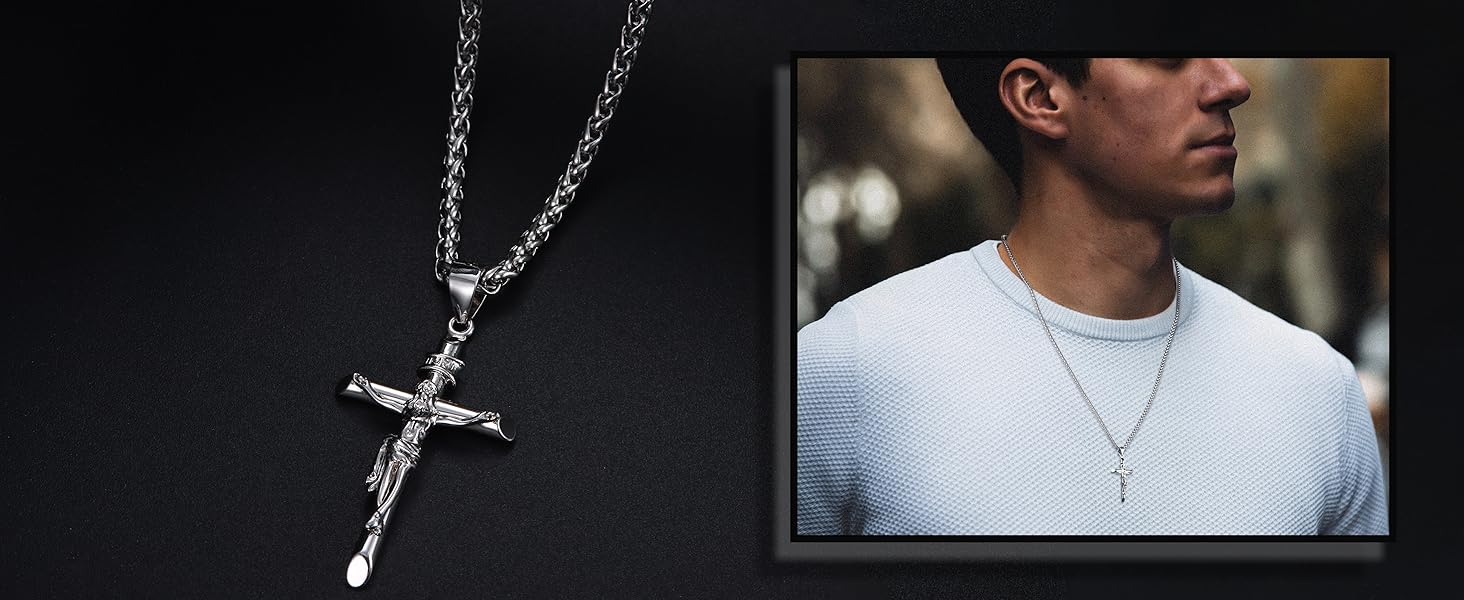 Besteel Silver Crucifix Pendant Necklace  for Women - Men's Sterling Silver Crucifix Necklace charm with Stainless Steel Rope Chain Catholic Baptism Jesus Cross Necklace Jewelry mens