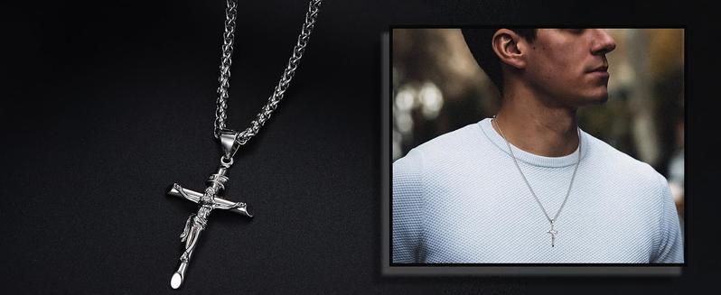 Besteel Silver Crucifix Pendant Necklace  for Women - Men's Sterling Silver Crucifix Necklace charm with Stainless Steel Rope Chain Catholic Baptism Jesus Cross Necklace Jewelry mens