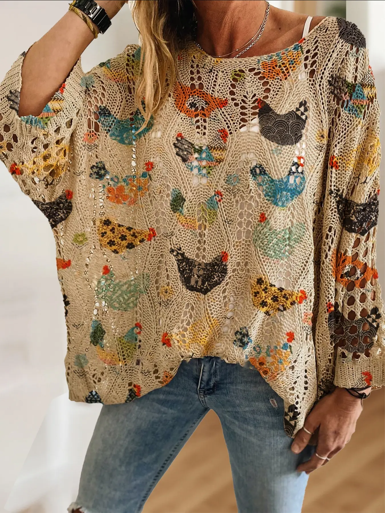 Women's Elegant Multicolor Cartoon Chicken Floral Print Round Neck Long Sleeve Knit Hollow Out Top, Casual Vacation Style Sweater