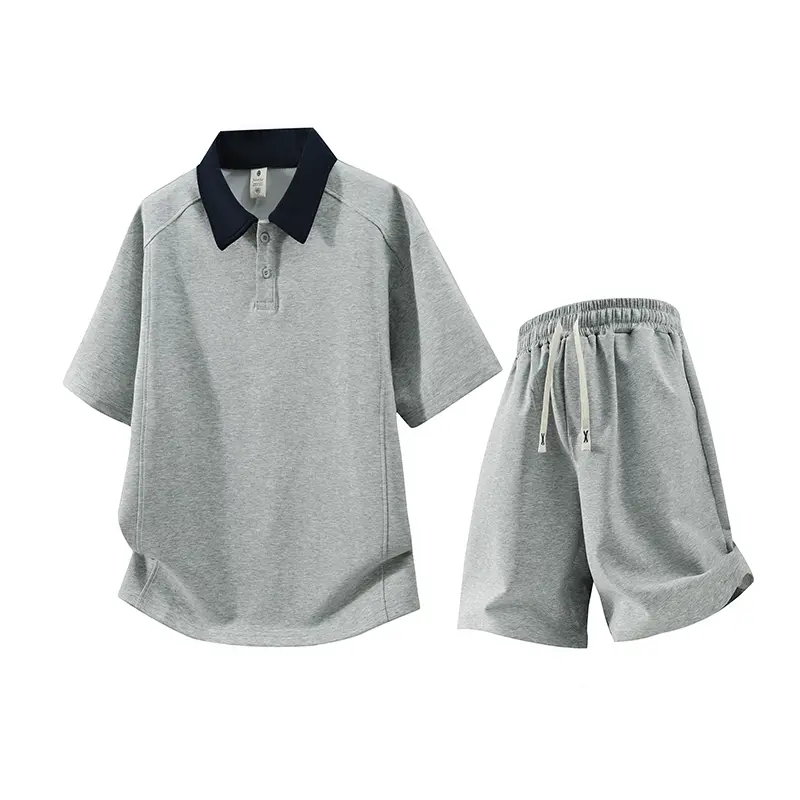 Men's Contrast White Collar Raglan Polo Short Sleeve Top & Elastic Drawstring Shorts Two Piece Tracksuit, Two Button Placket Curved Hem Loose Fit Breathable Casual Sport Outfit For Summer Daily Streetwear # SummerWins