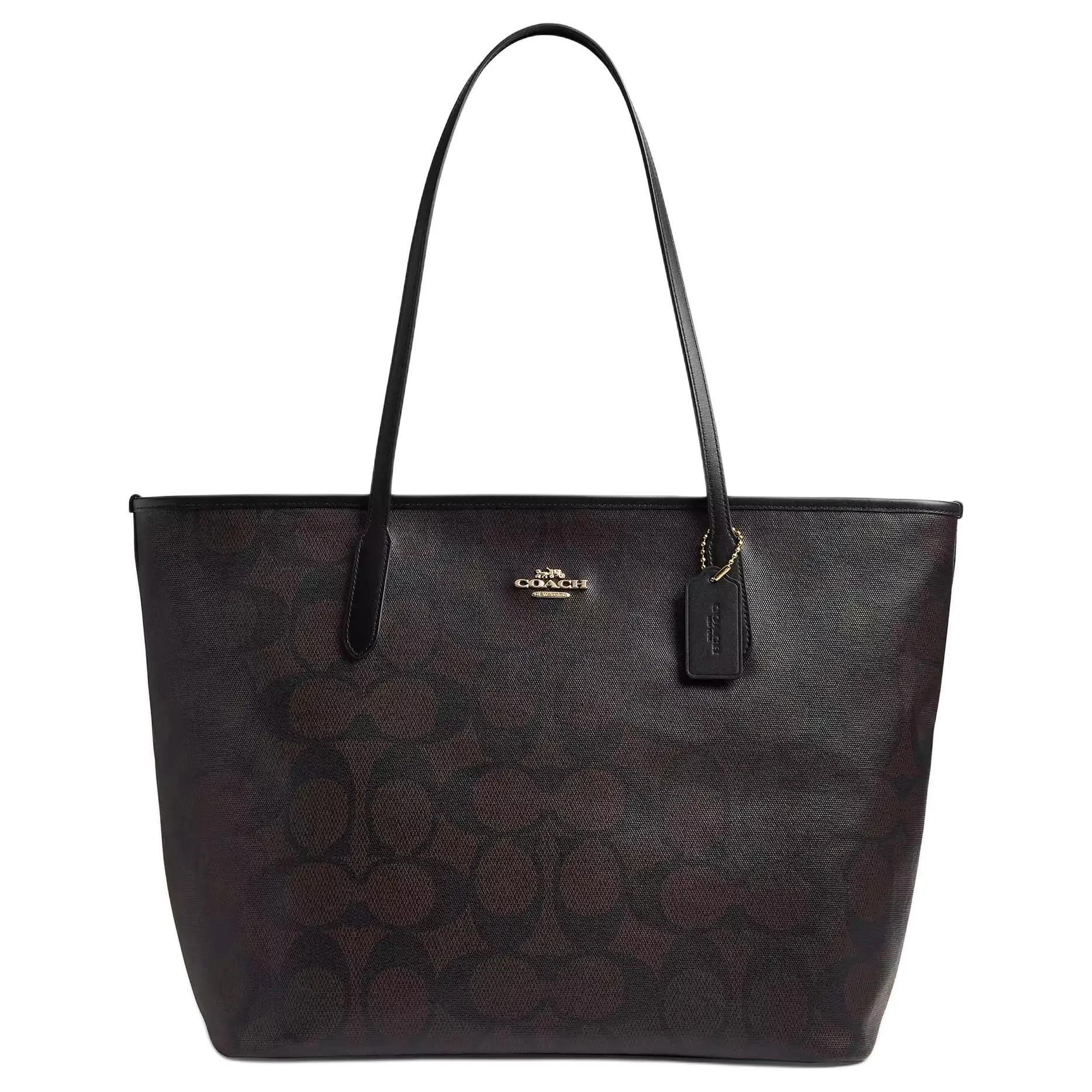 COACH City 36 Maxi Signature Tote Bag for Women – Golden Logo, Canvas, Walnut Color