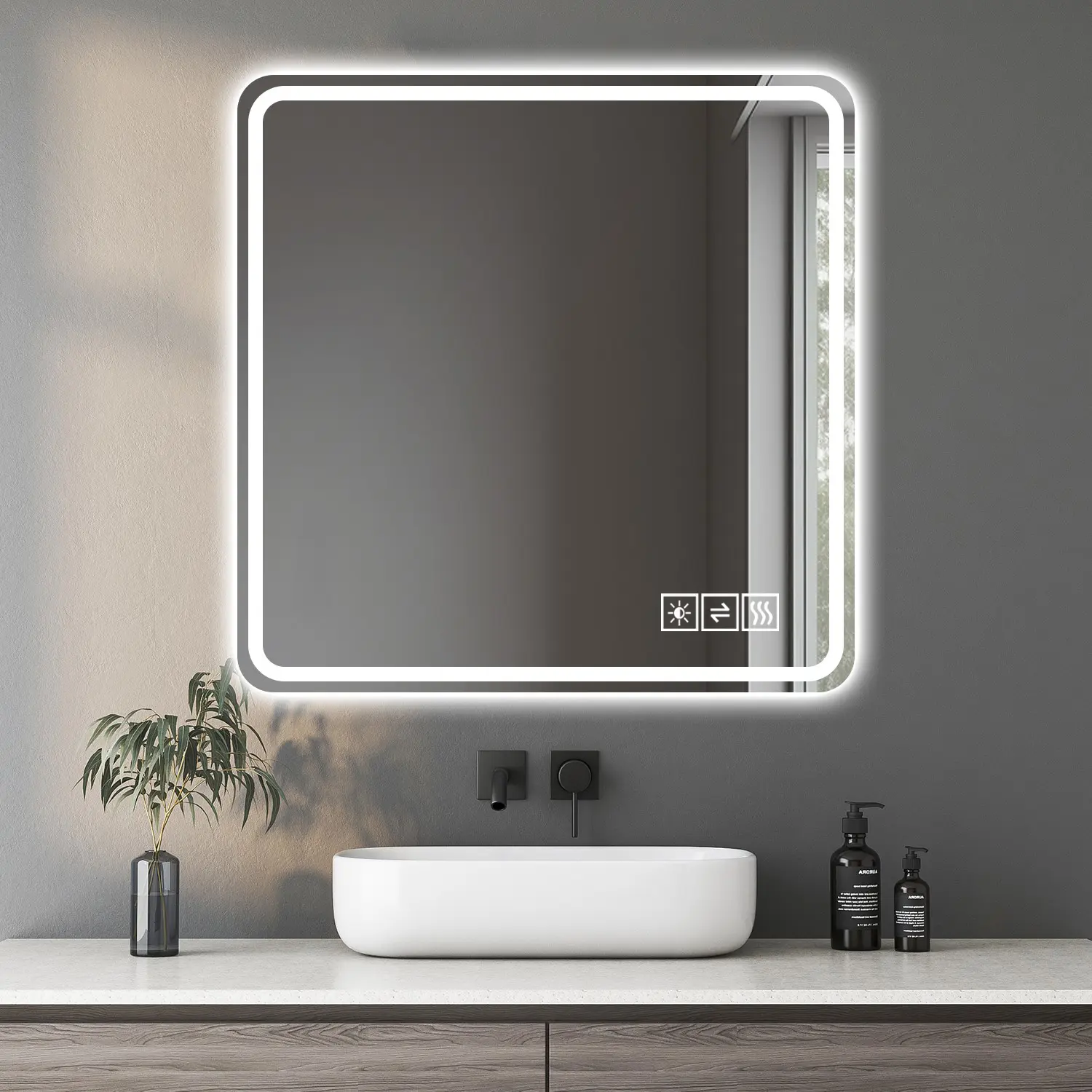 ARCH 36x36 Inch LED Bathroom Mirror Anti-Explosion Glass Rust-Resistant Anti-Fog Tri-Color Changing Wall-Mounted Vanity Mirror for Bathroom Decor, Modern Illuminated Makeup Mirror with Dimmable Lighting, Ideal for All Bathroom Decors