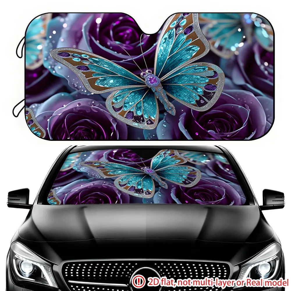 1pc Blue Diamond Butterfly and Purple Rose Car Sunshade reduces the temperature inside the car, suitable for SUV and RV front gear decoration