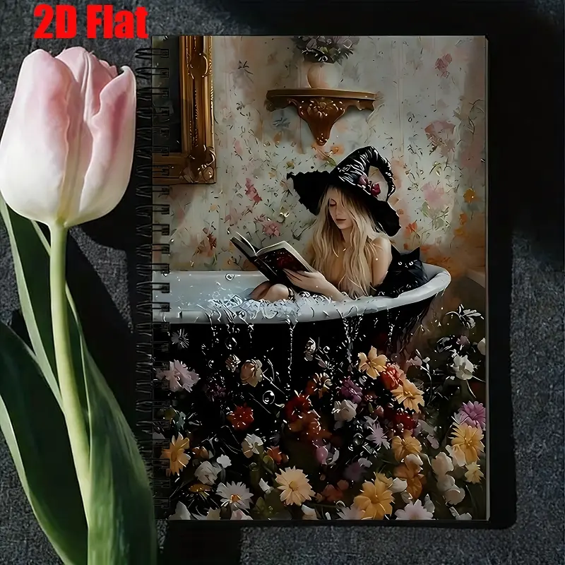 1 Witchy Spiral Notebook 5.7x8.26 Inch, Enchanted Floral Art Cover, Lined Pages for Halloween Journaling, Cosy Bathtub Reading Notes, Witchcraft Study Notebook, Gothic Stationery Gift for Halloween & Christmas [2D] Flat