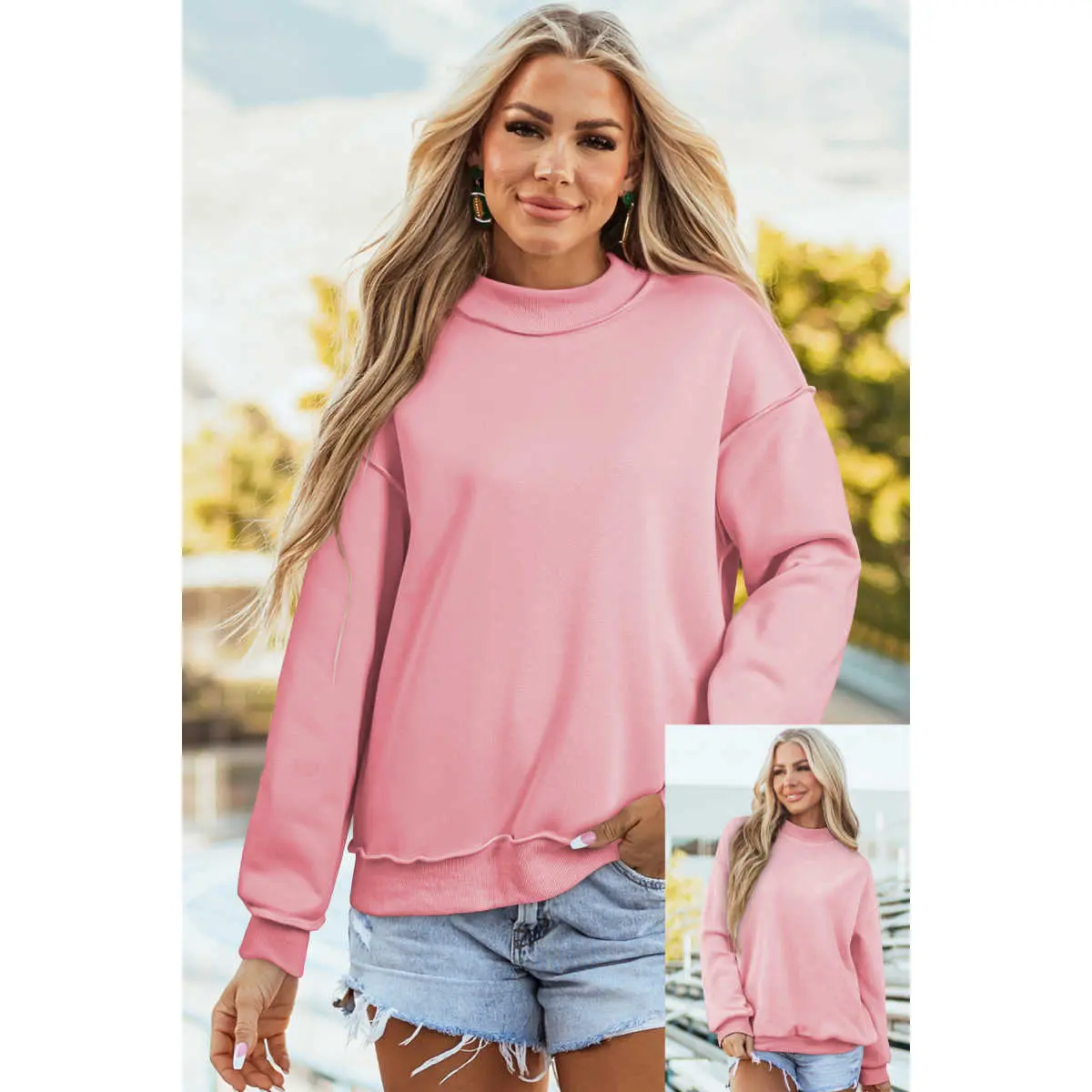 PHEFEE Women's Clothes Solid Reversible 2-Piece Set, Oversize Turtleneck Top with Drop-Shoulder Longsleeves and Shorts, Fit, High Neck, Streetwear