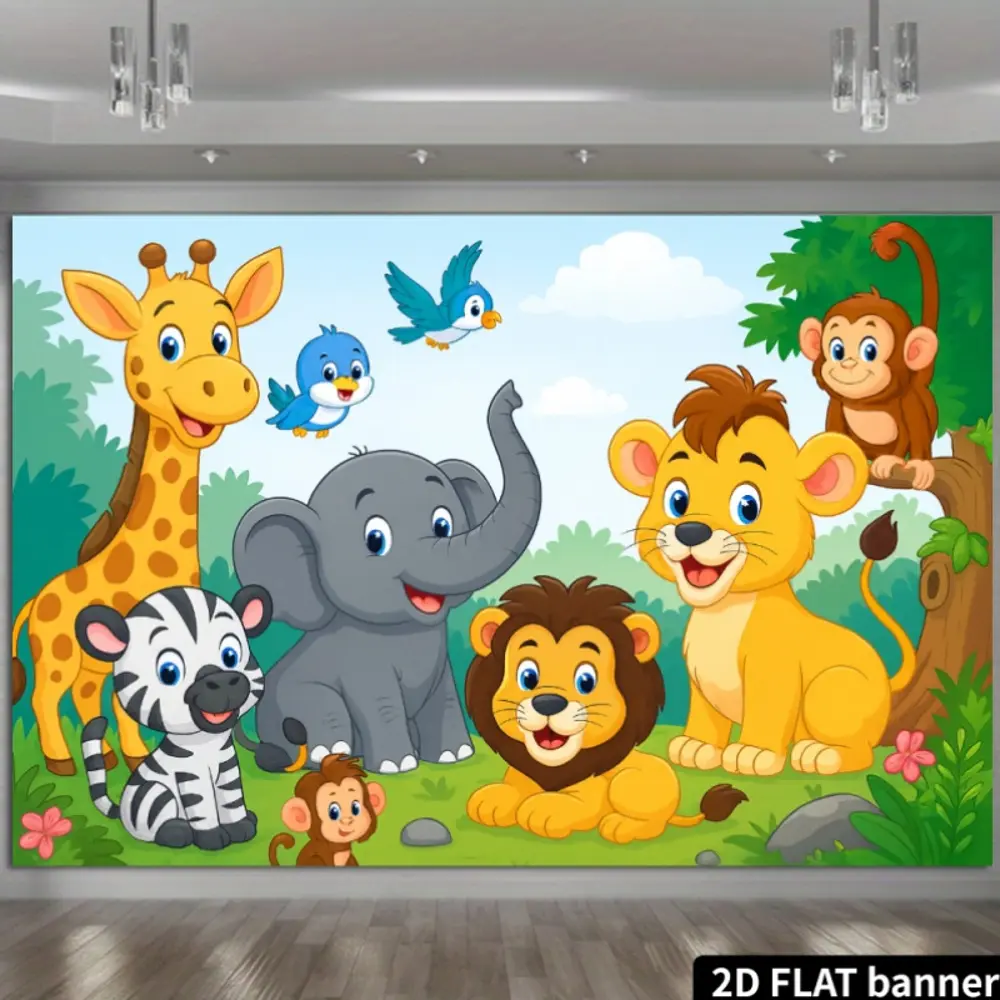 2D Flat HD Digitally Printed Polyester Photography Backdrop Banner - Cute Jungle Animal Cartoon Characters Design, Soft Lightweight Foldable Cloth, Indoor Cartoon Sprinkle Festive Backdrops & Banners for Studio Portraits, Product Photography