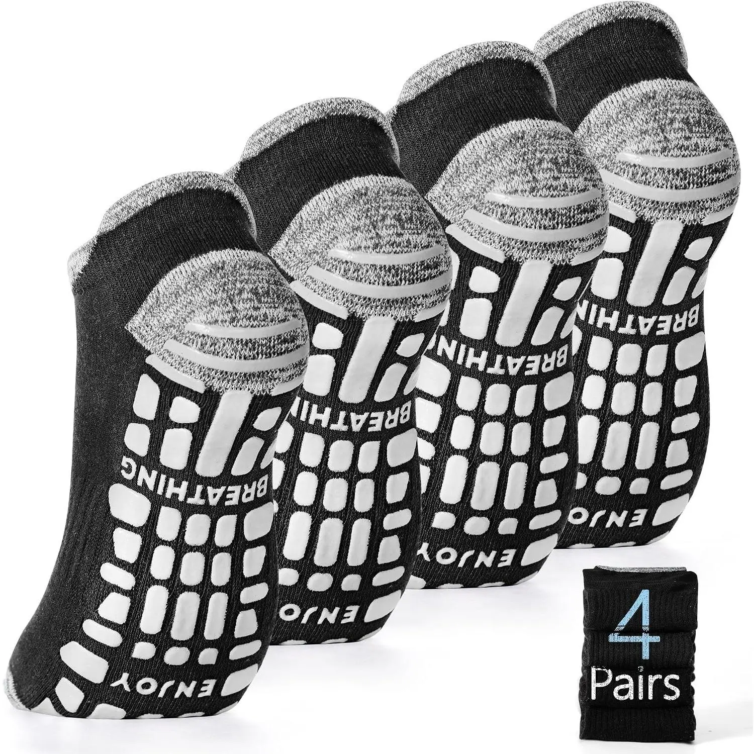 Men's Non-Slip Yoga & Pilates Grip Socks 4 Pairs - Anti-Skid Hospital Slipper Socks for Barre, Floor & Fitness(Gift)