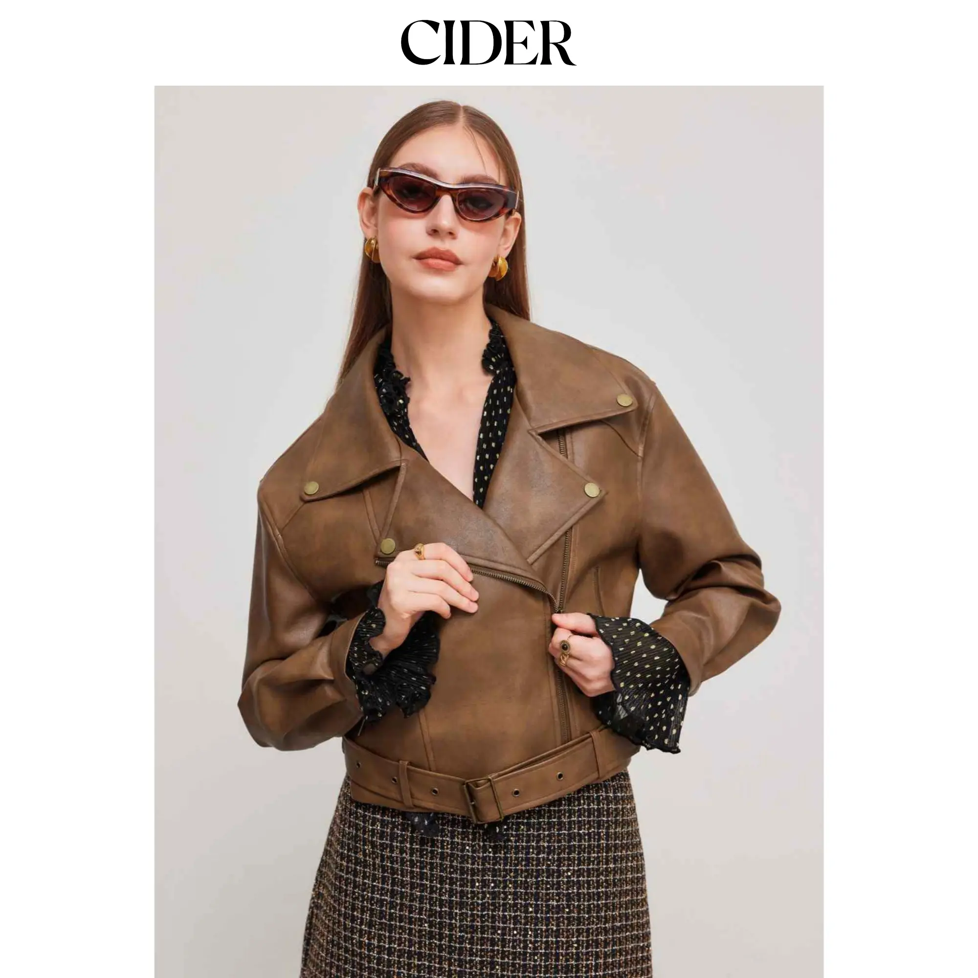 Cider [size 2-26] Faux Leather Collar Solid Pocket Zipper Belted Biker Jacket