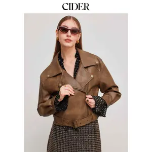 Cider [size 2-26] Faux Leather Collar Solid Pocket Zipper Belted Biker Jacket