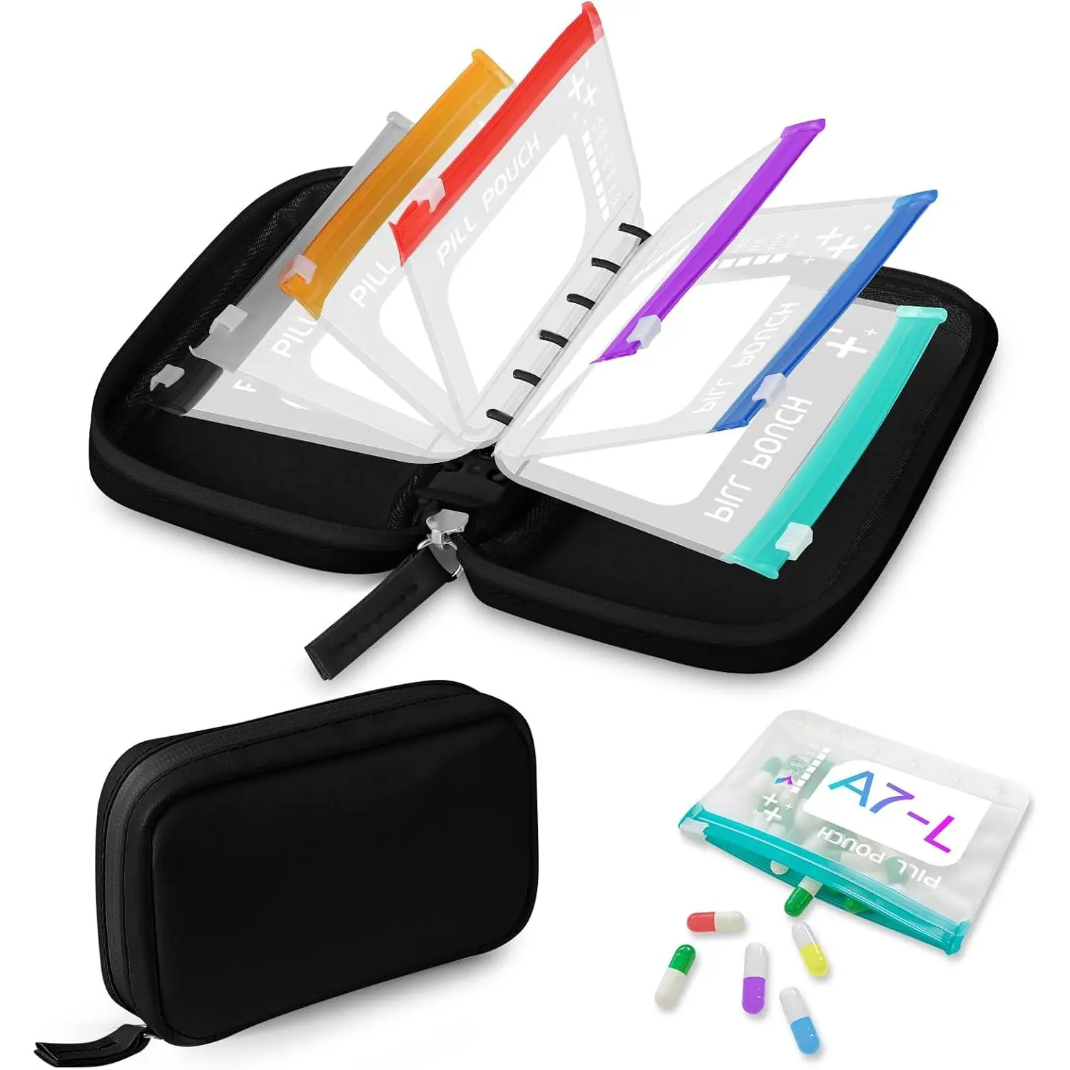 Timueetech A7 Waterproof Pill Organizer with 7 PCS L Size Zippered Pill Pouches for A7 Binder, Large BPA-Free Weekly Medicine Organizer, Color-Coded Reusable Travel Pill Storage System