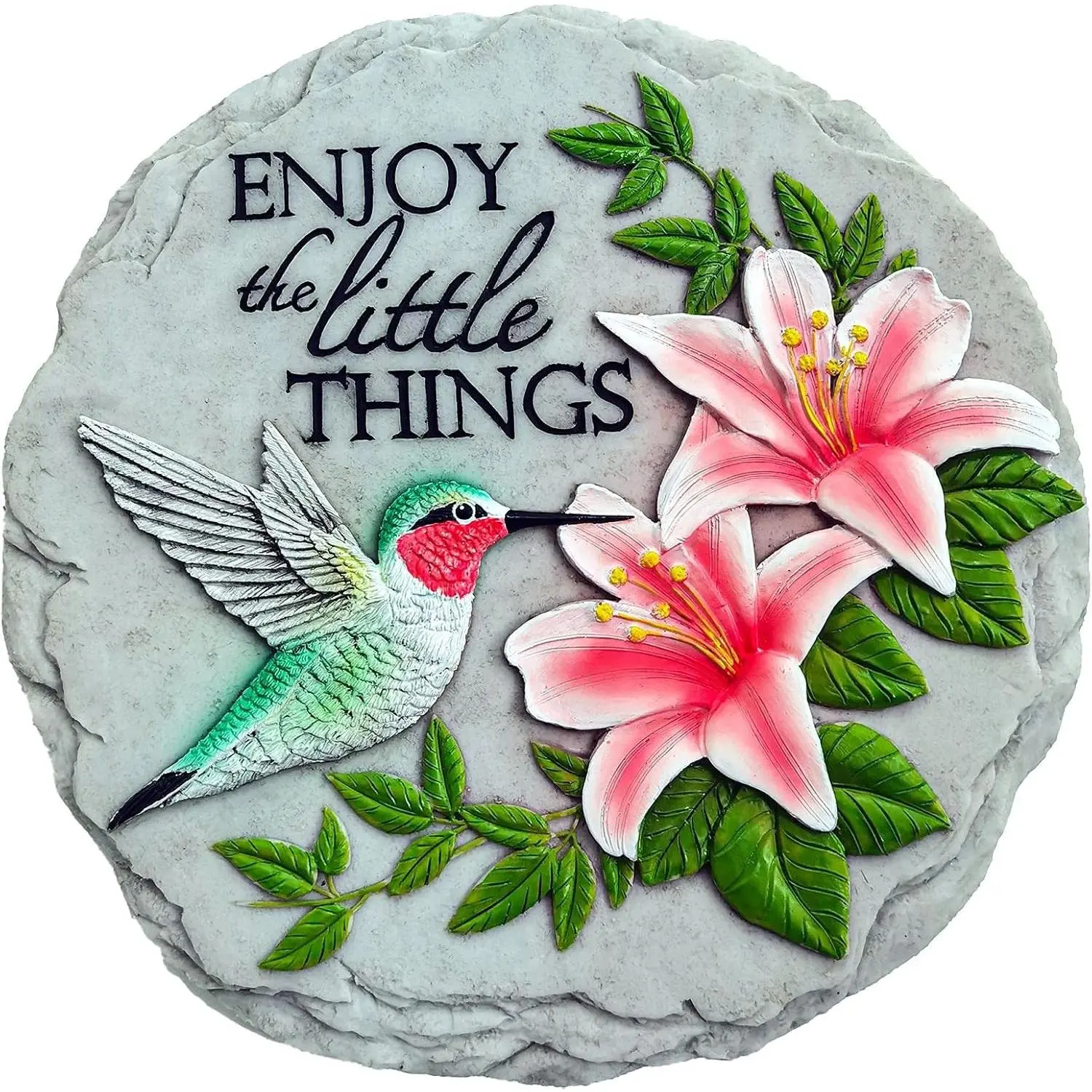 Round 1-Piece Hummingbird Garden Stepping Stone, Decorative Stone with Flowers & Inspirational Quotes for Garden, Room Decor