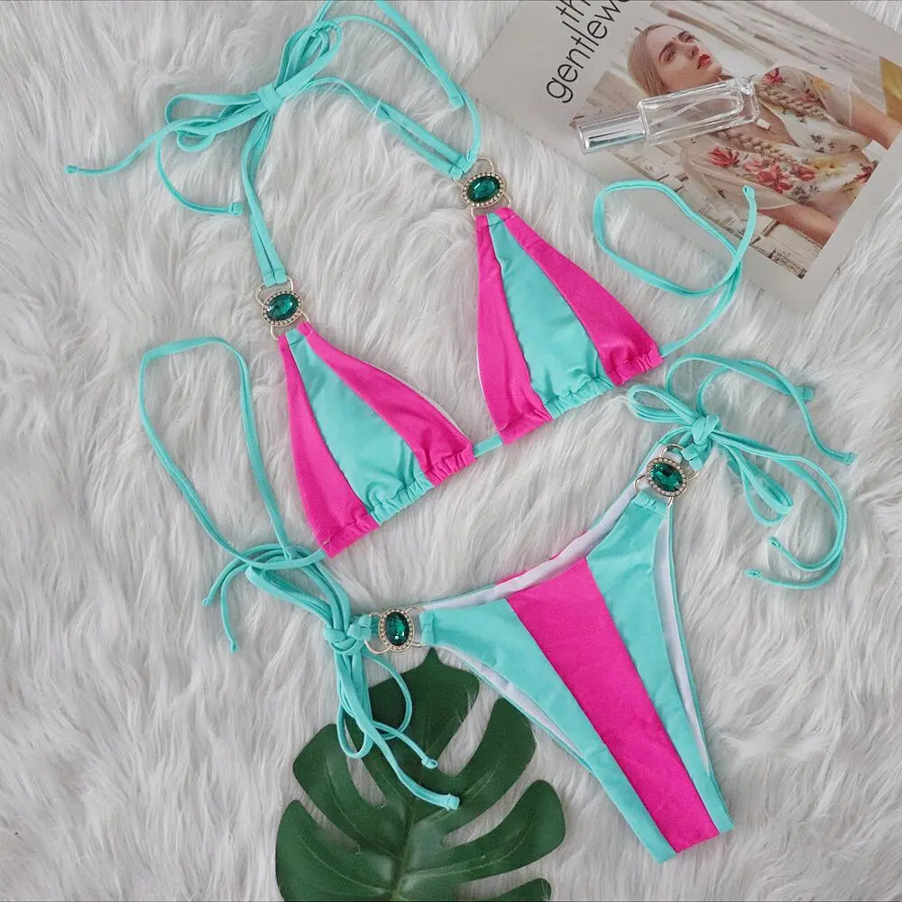Women's Pink Mint Color Block Halter Bikini Two Piece Swimsuit, Triangle Top With Emerald Rhinestone Metal Hardware, Side Tie String Bikini Bottom, Contrast Color Tropical Beach Bathing Suit for Summer Vacation Pool