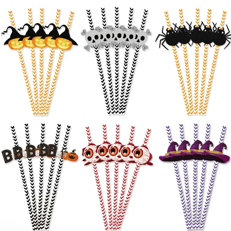 72Pcs Disposable Halloween Drinking Straws, Skull & Spider Pattern Party Cup Beverage Decorations