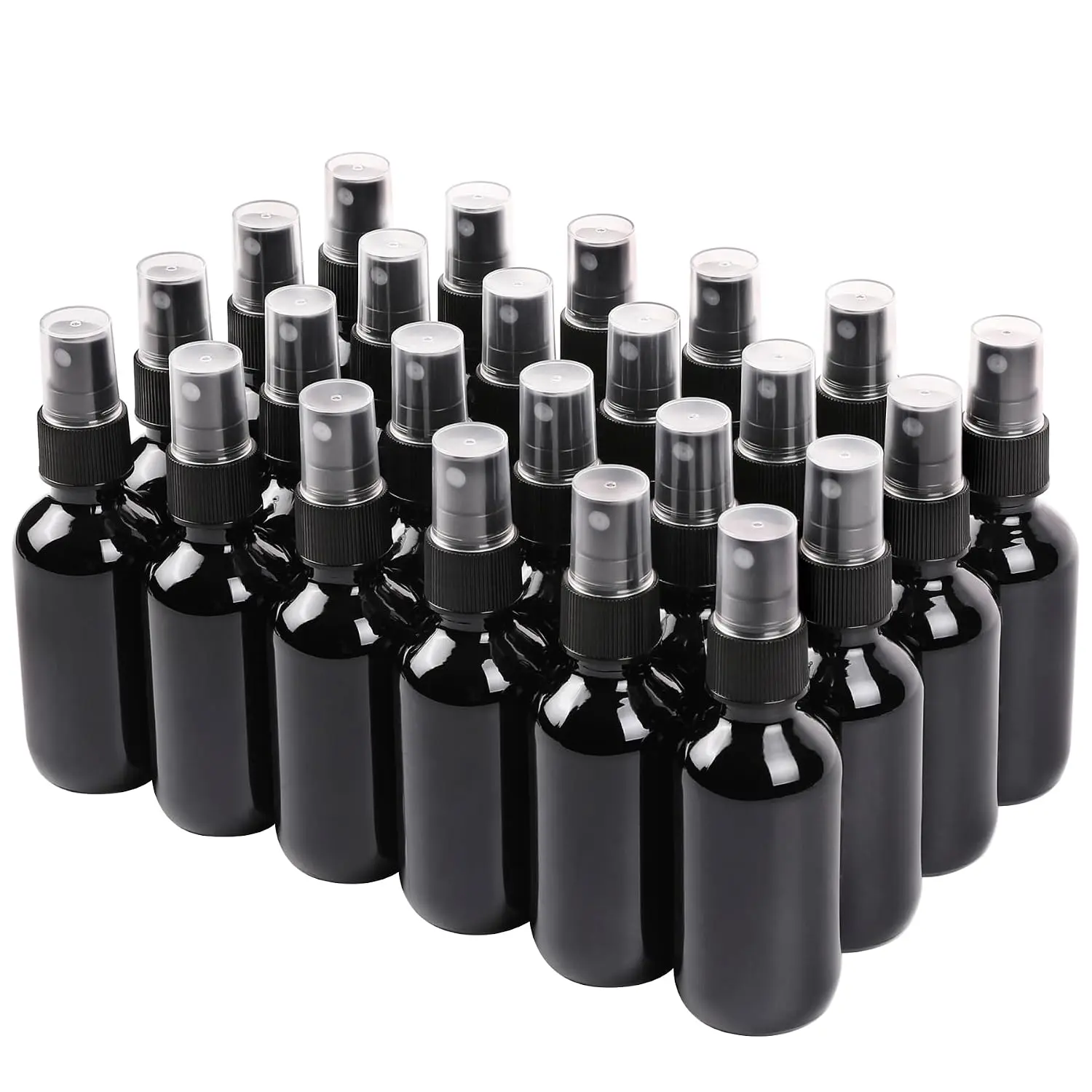 Black Glass Small  Bottle 2 oz 24 Packs,Fine Mist Sprayer Small Clear Bottles,Refillable Containers mini  bottles for Cleaning Solutions and  Care (Black 24 count)
