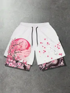 Japanese Cherry Blossom Print Mesh Gym Shorts, Quick-Dry Two-Piece Design, Casual Loose-Fit Athletic Wear for Men