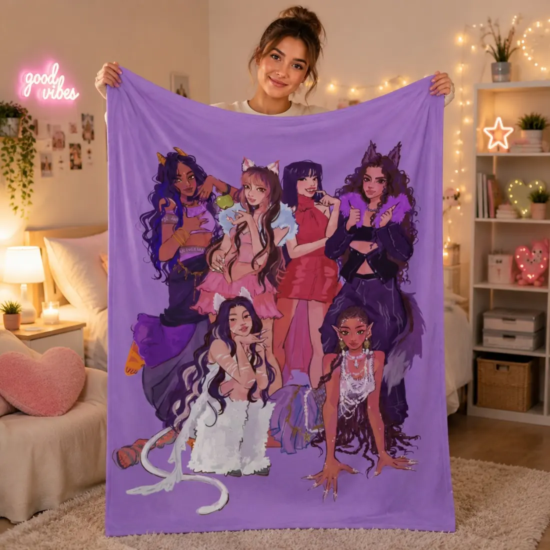 Katseyes Themed Purple Flannel Throw Blanket, Fantasy Anime Girls Character Print Blanket, Soft Warm Lightweight Blanket for Home Sofa Travel Bedroom Decor, Ideal Birthday Holiday Gift for Teens and Young Fans