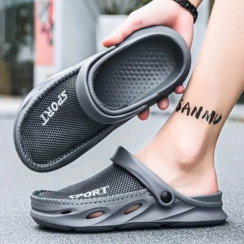 Men's Mesh Breathable Comfy Flat Slip-On Fashion Clogs, Hollow-Out Non-Slip Summer Garden Slippers, Flat Slip-On Men's Fashion Slippers