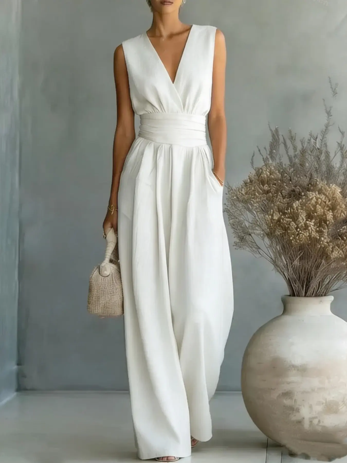 Women’s Sleeveless V Neck Jumpsuit, High Waist Smocked Waist, Wide Leg One Piece, Casual Elegant Romper with Pockets, Summer Party Dress