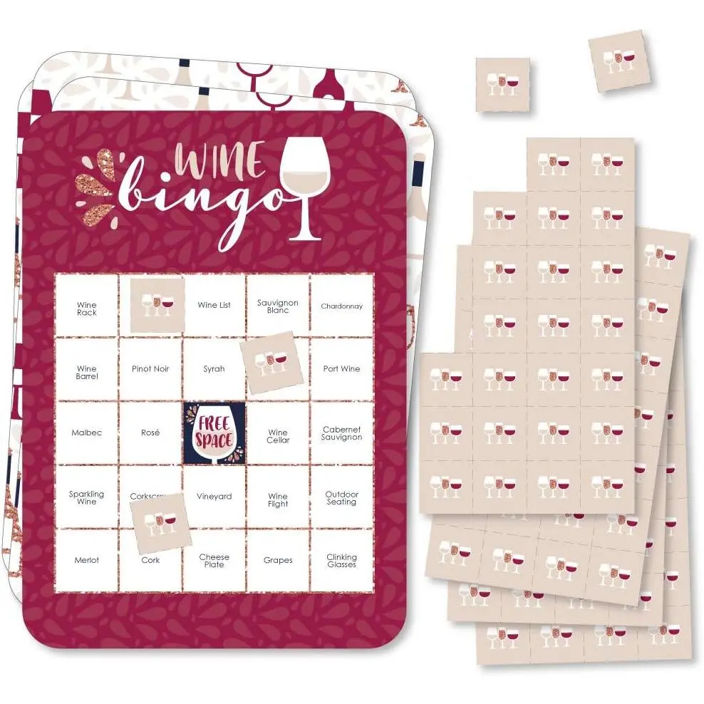 But First, Wine - Bingo Cards and Markers - Wine Tasting Party Bingo Game - Set 18