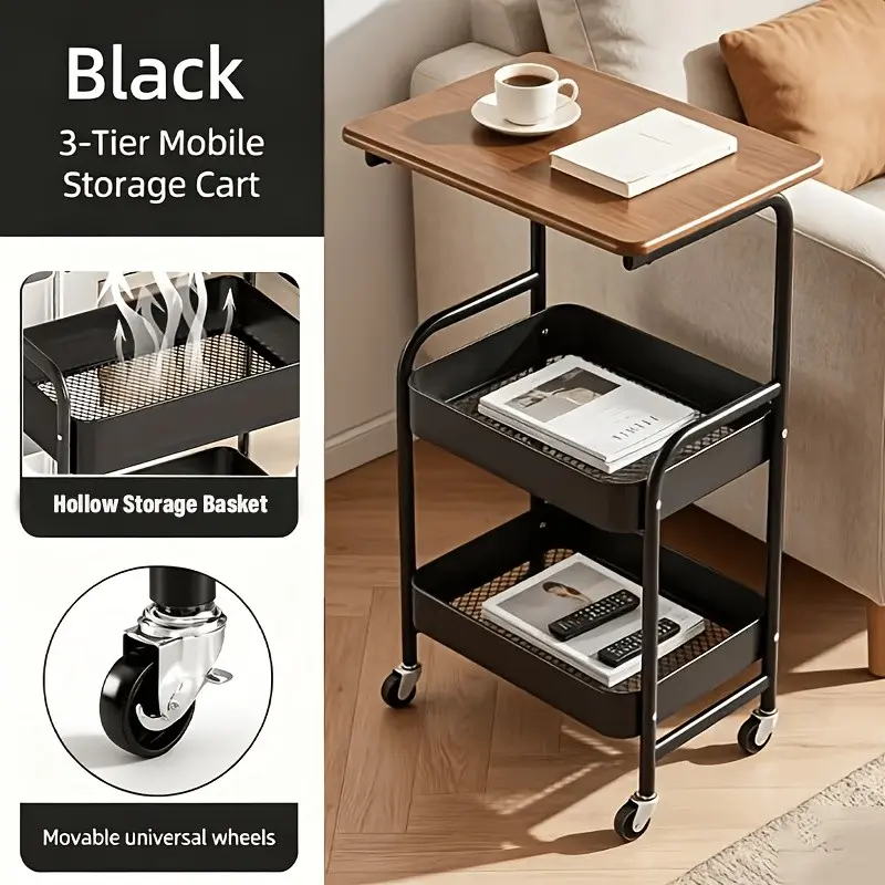 3-Tier Rolling Storage Cart with Wooden Tabletop, Mobile Side Table Utility Organizer Cart with Lockable Wheels, Office Cart, Hollow Drain Mesh Baskets Multi-Purpose Rolling Trolley for Kitchen, Bathroom, Living Room, Bedroom Pantry Organizer