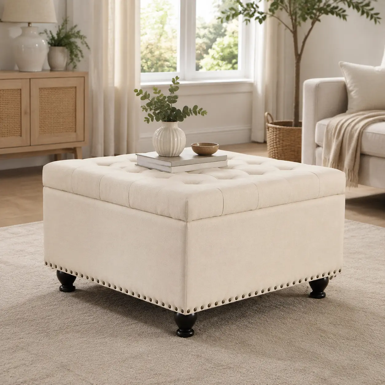 Littleox Square Storage Ottoman with Wooden Legs, Upholstered Button Tufted Coffee Table with Nail Trims for Living Space