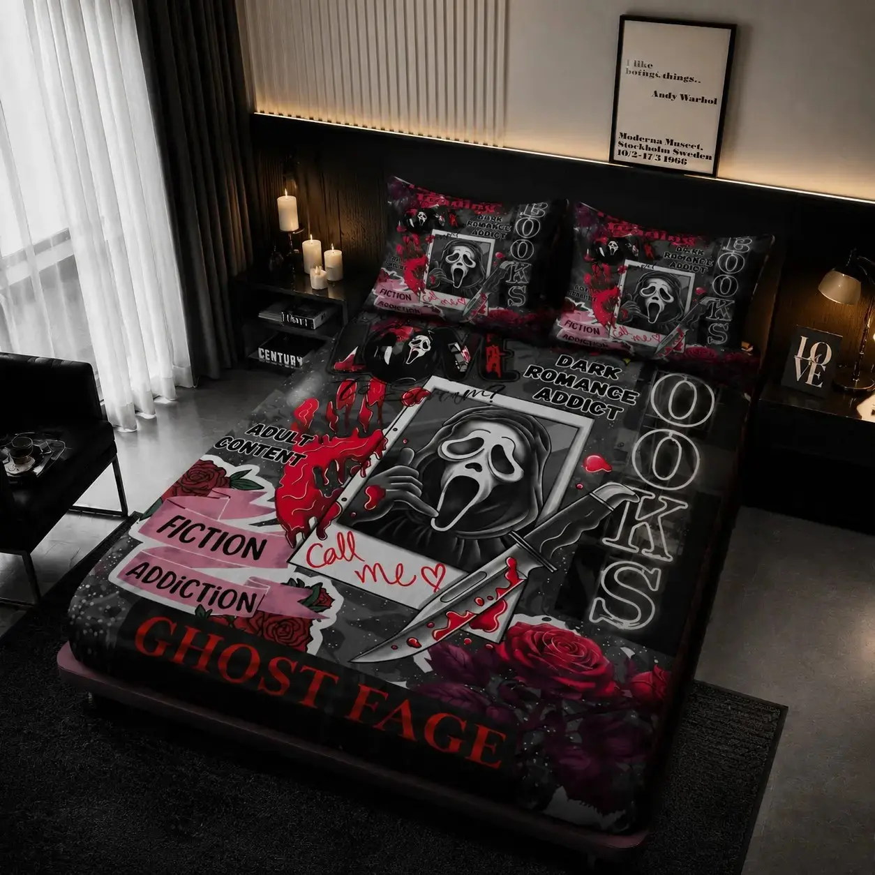 Scary Movie Face Print Bed Sheet Set, Horror Dark Pattern Soft Polyester Bedding, Bed Sheet + 2 Pillowcases, No Quilt, Multiple Patterns Available