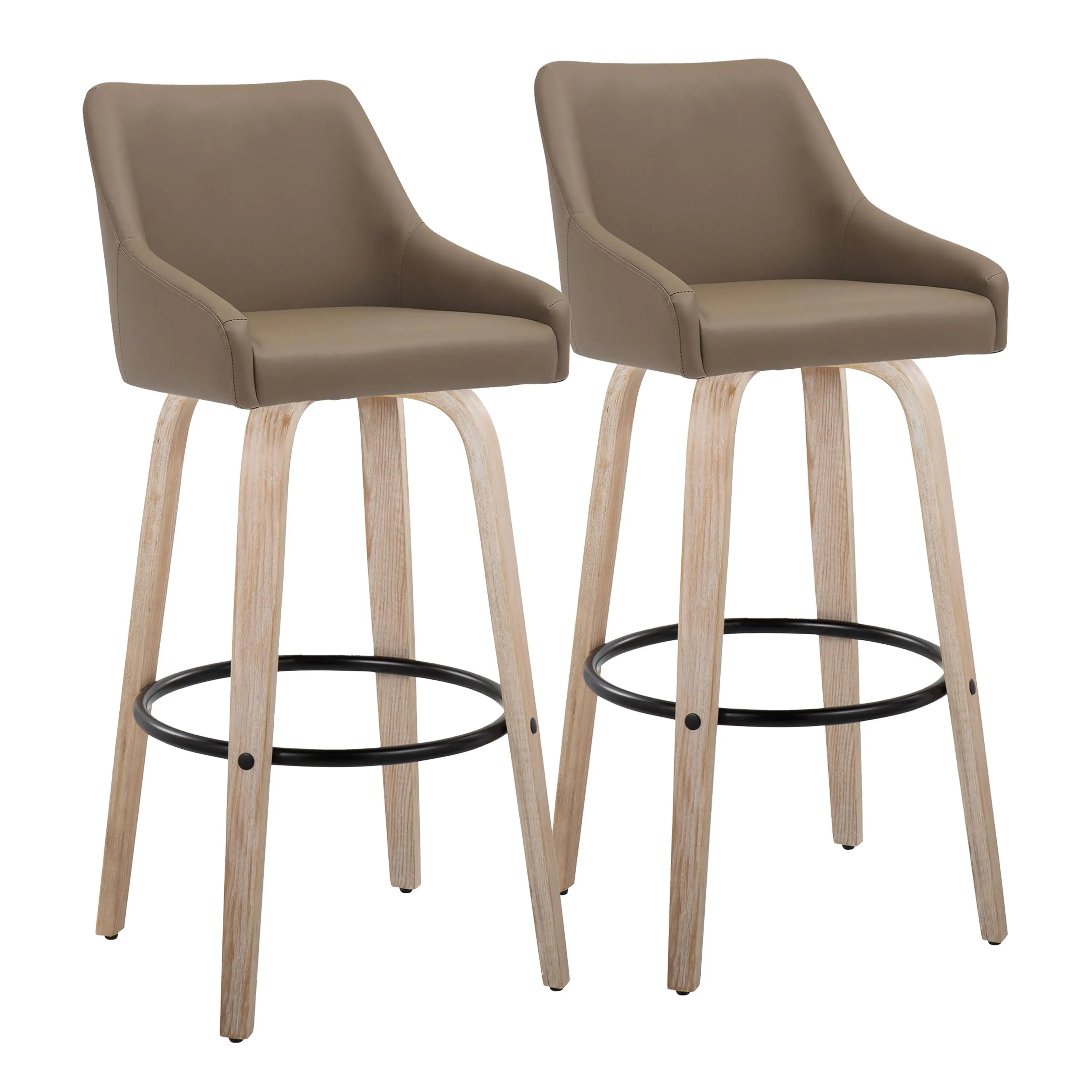 Nokaa 30" Fixed-Height Swivel Barstool Set of 2 – Whitewashed Wood Frame, Brown Faux upholstered Seat, Round Black Metal Footrest, Counter Height Bar Chairs for Kitchen Island, Home Bar, Dining Room