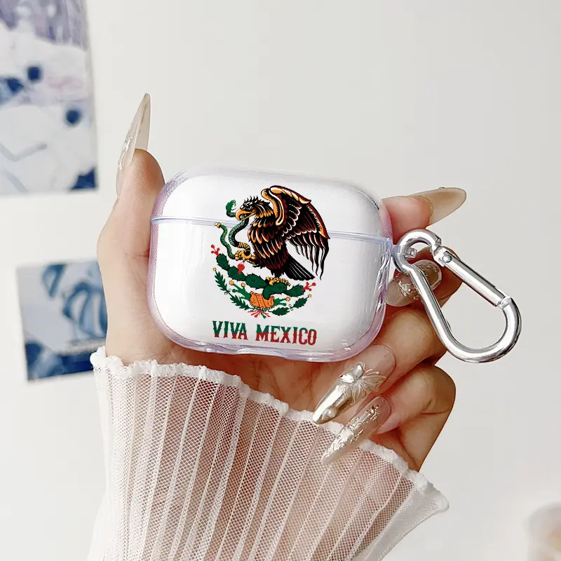 Mexican Eagle Symbol Pattern TPU Soft Protective Case for Apple AirPods 4/3/2/1/Pro/Pro2 Transparent Earphone Cover with Keychain Attachment