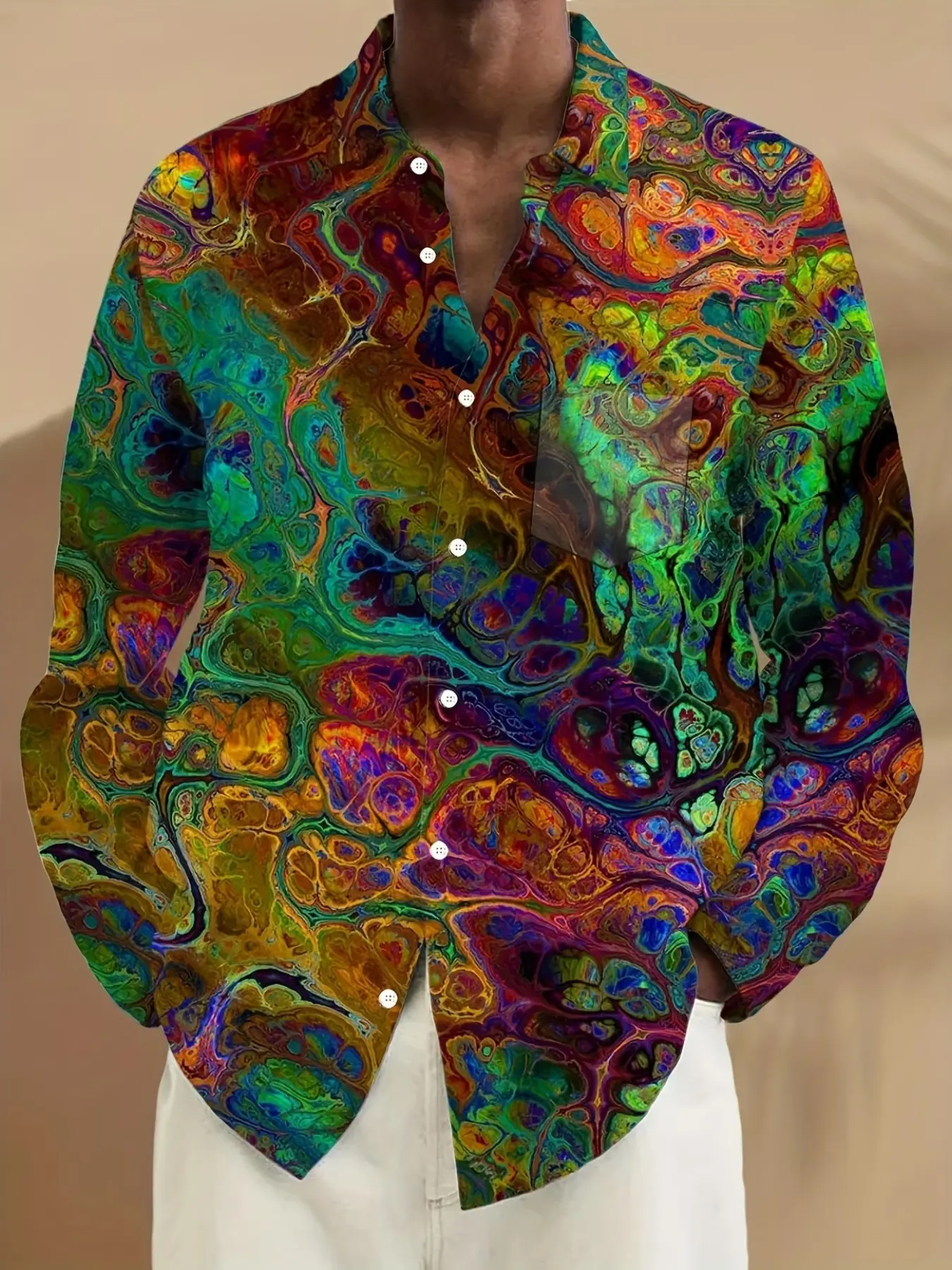 Men's psychedelic oil paint fluid long-sleeve shirt, artistic fluid oil paint colorful print long-sleeve shirt, men's stylish trendy brand casual collared top