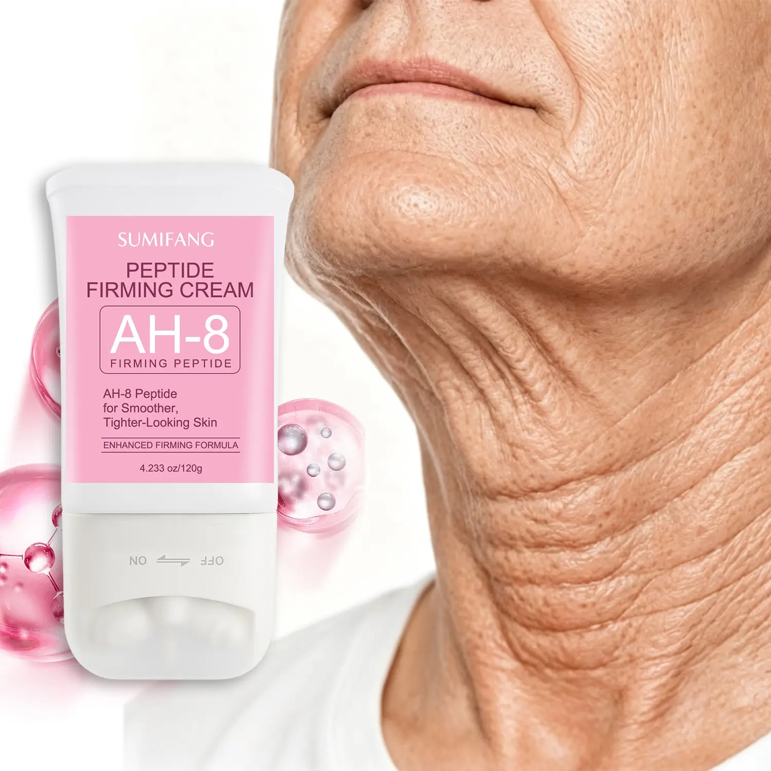 SUMIFANG Neck Firming Moisturizing Cream 120g Hydrating Neck Moisturizer – AH-8 Peptide + Ceramides + Multi-Peptides – Firms and lifts neck skin, smooths fine lines, locks in moisture; roller applicator promotes absorption.