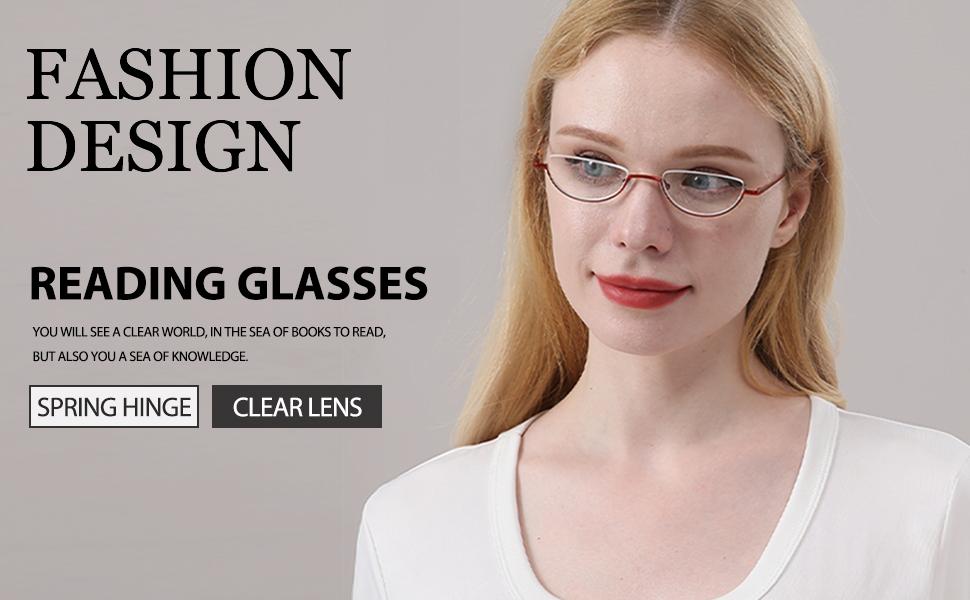 2 Pack Retro Designer Half Moon Reading Glasses Women Men Spring Hinge Half Frame Readers Stylish Slim Eyeglasses with Pouch,Red and Gun Grey 2.0