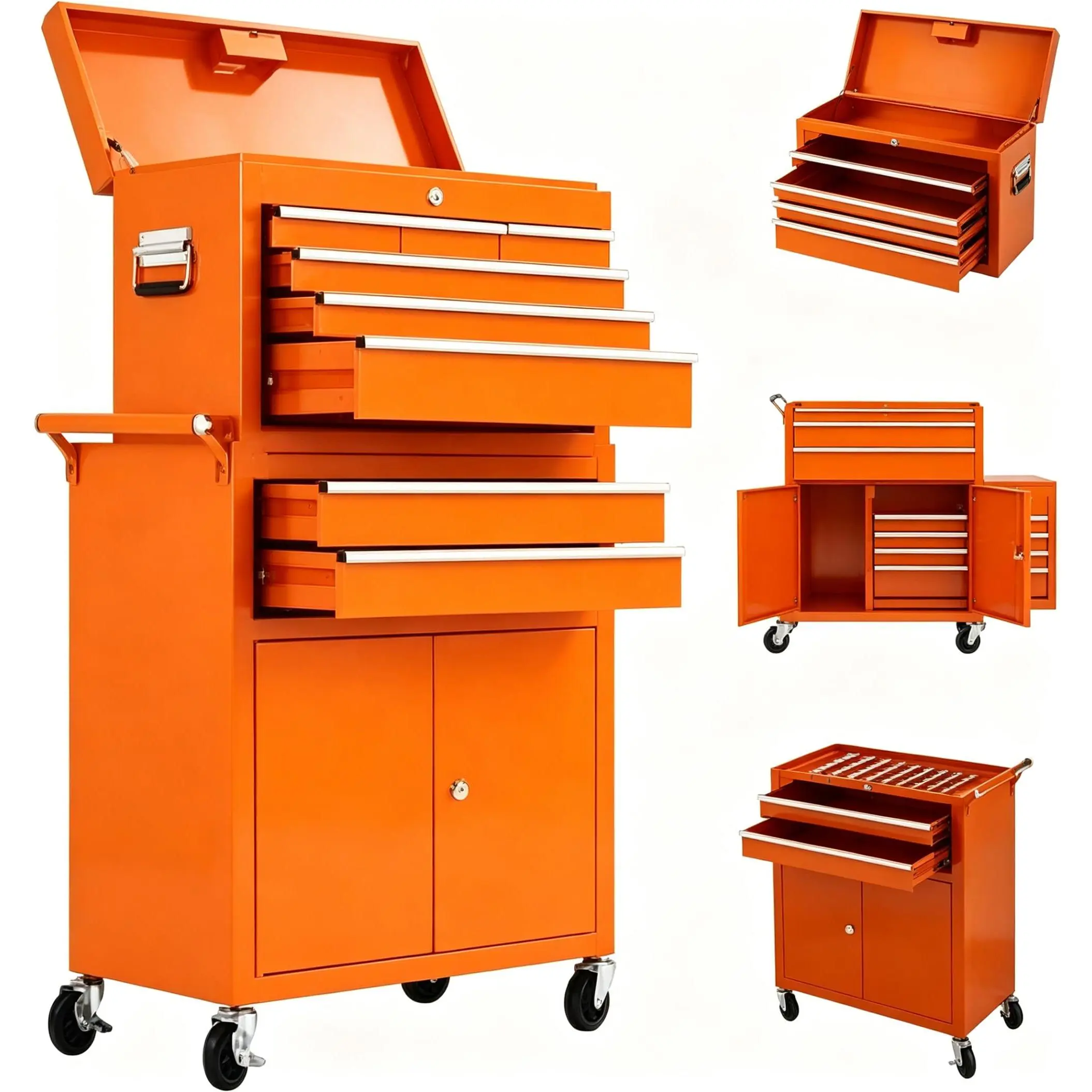 Gaomon Lockable Steel Tool Chest Cabinet - 8 Drawers with Liners, Detachable Design, Side Handle, Multiple Compartments, Rolling Wheels, Versatile Tool Organizer for Garage, Workshop