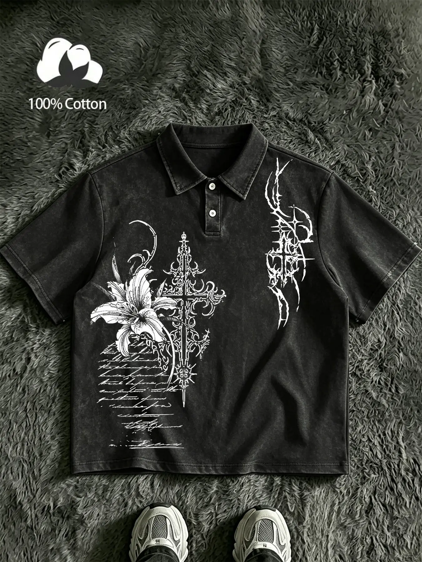 Unisex 100% Cotton Water-Washed Distressed Short-Sleeved T-Shirt, Dark Gothic Lilies Print, Loose Fit, American Retro Y2K Style, Oversized Vintage Gothic Loose Collar Top, High-End Street Fashion