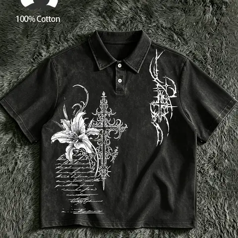 Unisex design, 100% cotton, water-washed, distressed, Gothic lilies print, loose-fitting short-sleeved T-shirt. American retro, Y2K, dark Gothic, high-end street fashion brand. Oversized top, vintage Gothic loose collar top, Polo