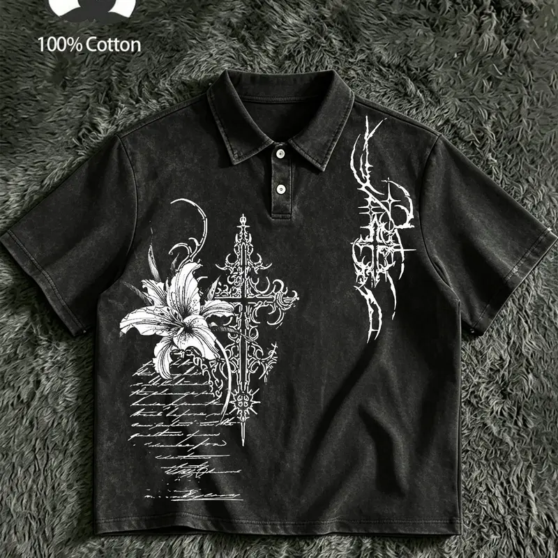 Unisex design, 100% cotton, water-washed, distressed, Gothic lilies print, loose-fitting short-sleeved T-shirt. American retro, Y2K, dark Gothic, high-end street fashion brand. Oversized top, vintage Gothic loose collar top, Polo