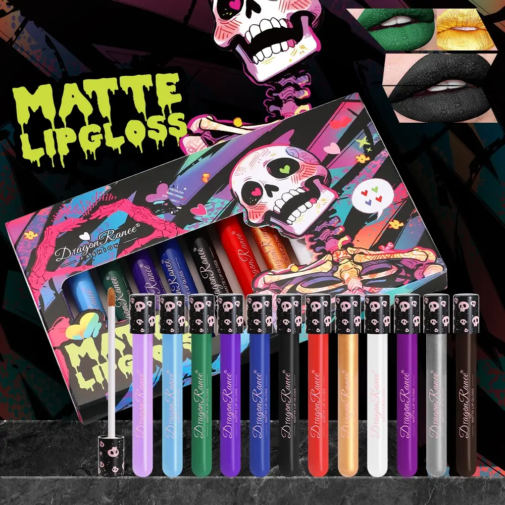 12 Colors Matte Lip Gloss Set, Lip Cosmetic, Waterproof Long-Lasting Velvet Liquid Lipstick, High Pigmentation, Goth Halloween Lip Makeup Kit for Women