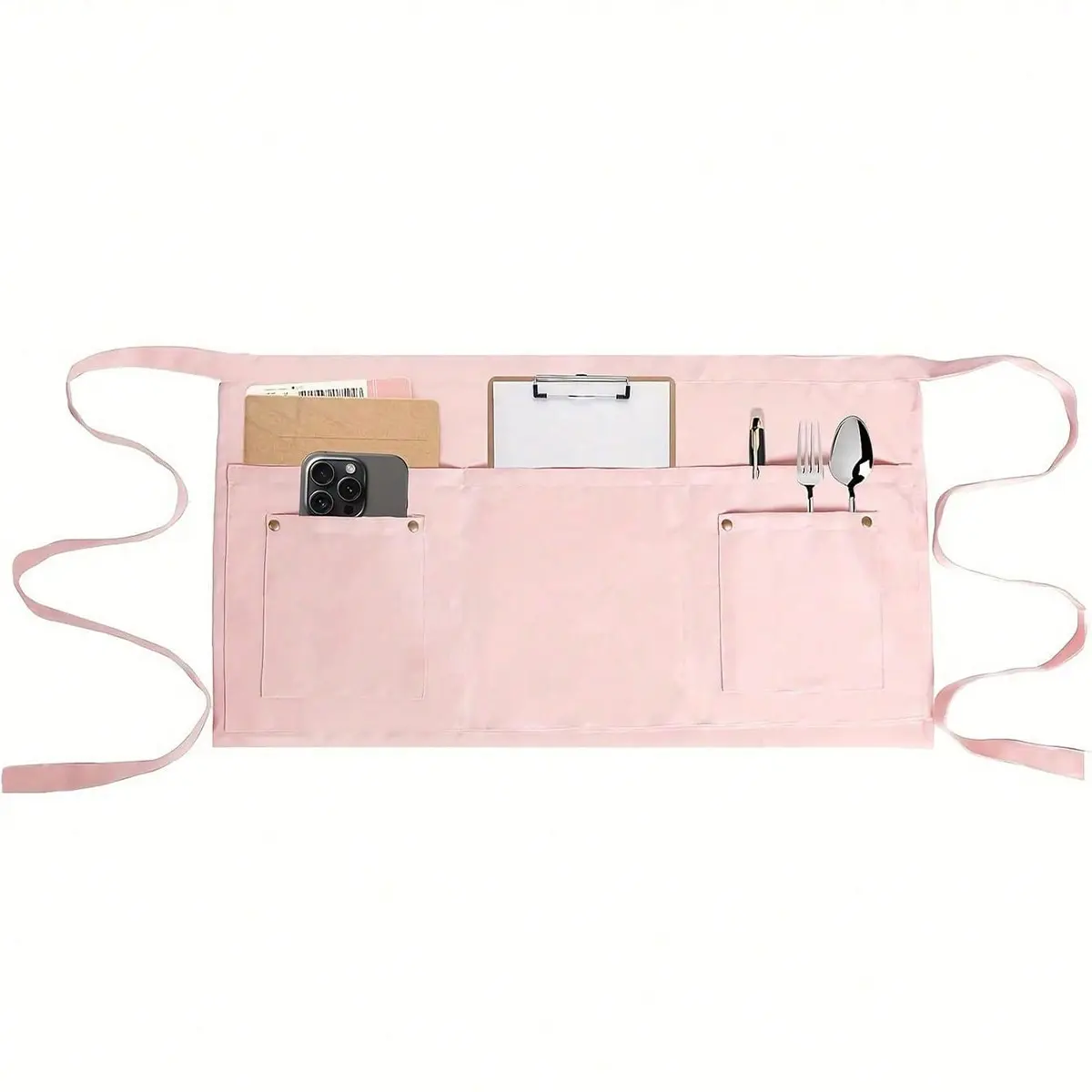 5 Pocket Server Apron with Rivet Decoration, Neutral Short Half-Length Apron for Café, Restaurant, Kitchen, Home Use