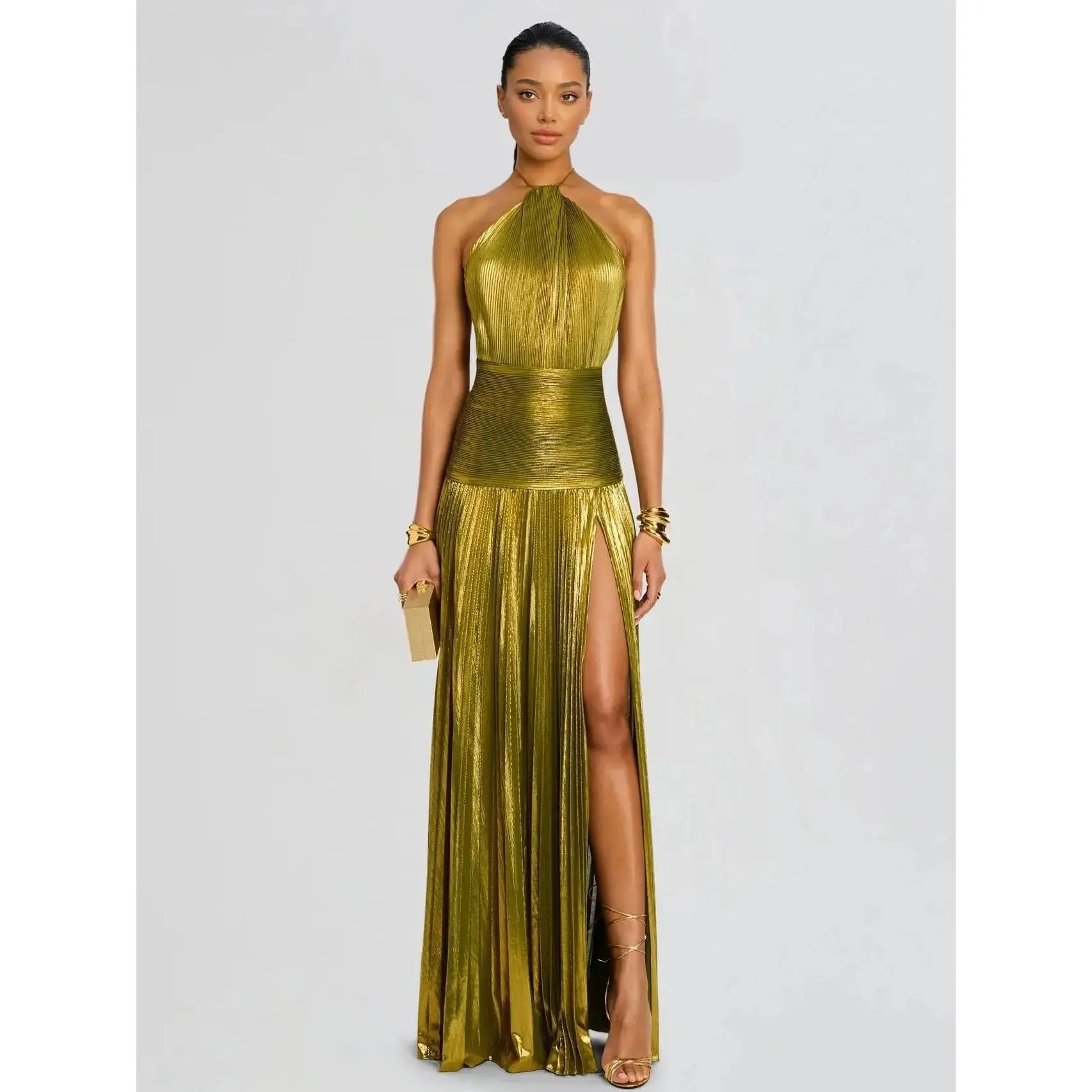 2026 Metallic Olive Gold Pleated Halter Maxi Dress High Slit Formal Evening Gown for Women Sleeveless Floor-Length Maxi with Tie Closure - Fabric, Fit
