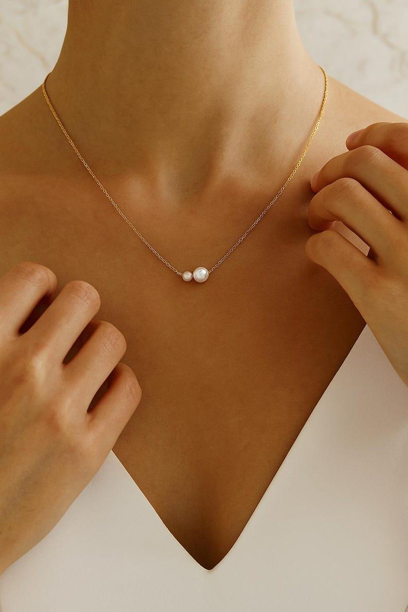 Handmade Gold Pearl Necklace – 14K Gold Plated Dainty Jewelry with Two Pearls, Simple Elegant Chain for Women, Ideal Gift for Mother’s Day, Wedding, or Graduation, Hypoallergenic and Nickel-Free