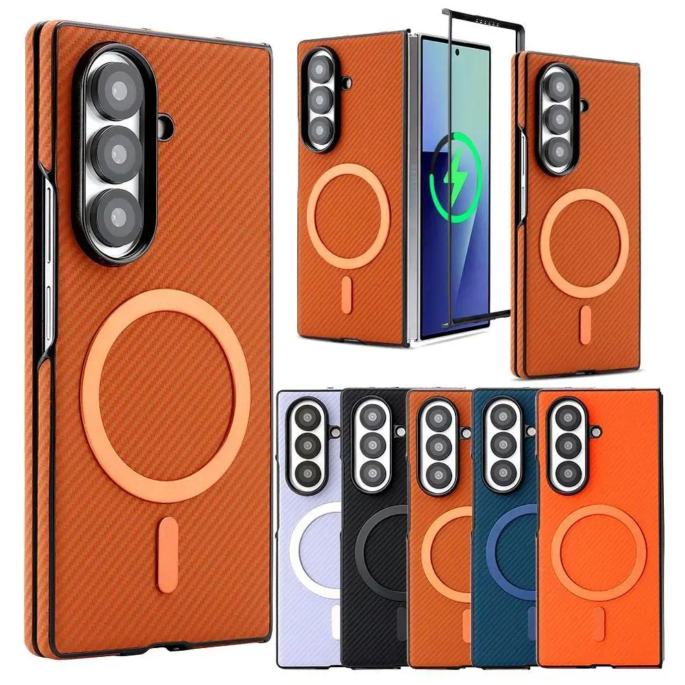 Carbon Fiber Pattern Heavy Duty Protection Foldable Metal Case for Samsung Galaxy Z Fold 3-7, Z Fold4, Wireless Charging Compatible, Textured Mobile Phone Accessory, Galaxy Z Fold4, Carbon Fibre