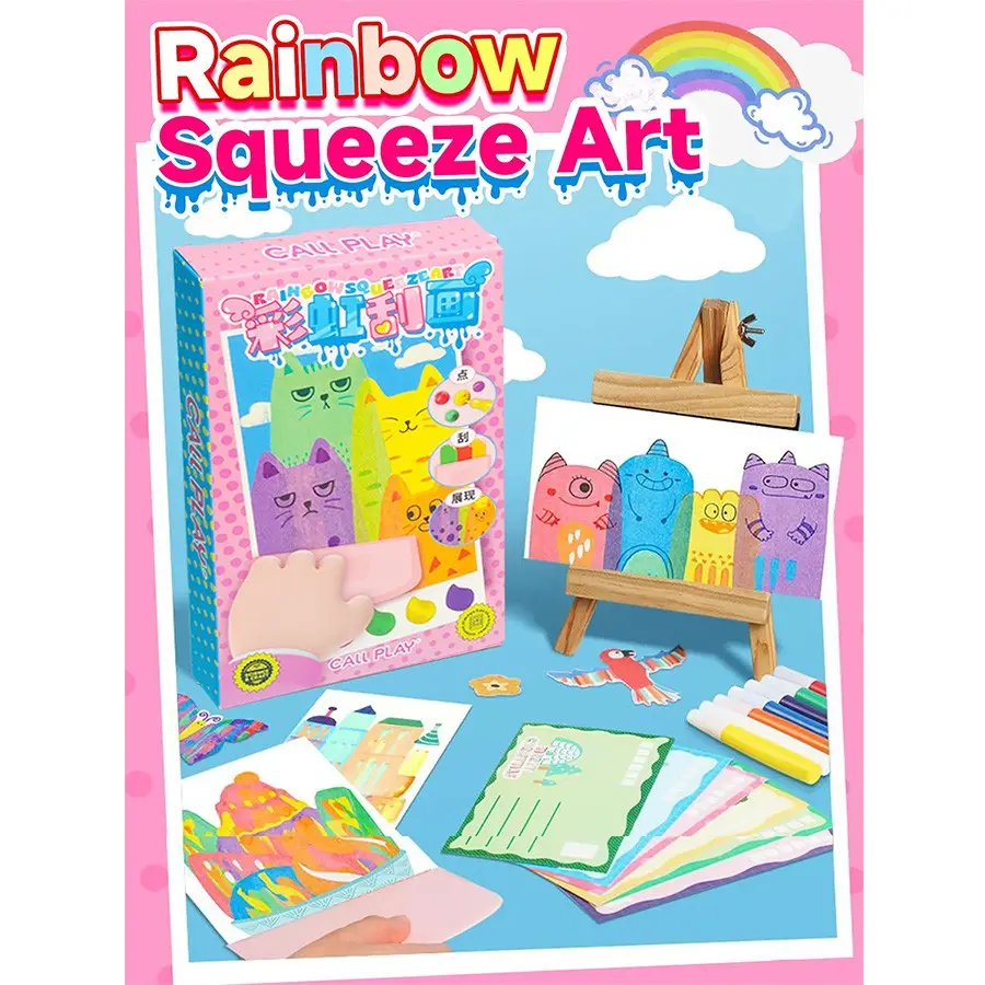 Rainbow Squeeze Art Kit DIY Craft Kits - Creative Scratch & Color Art Set for Kids with 20 Drawing Papers 7 Acrylic Paints 6 Watercolor Pens 1 Sticker Sheet & Squeegee Board Perfect for DIY Art & Gifts