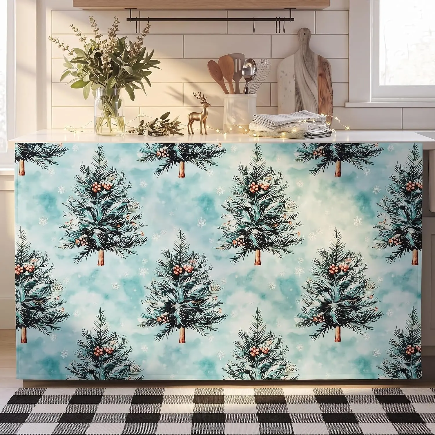 Cabinet Curtain 28" W x 51" L  Kitchen Curtains Sink Skirt for Bathroom Laundry Room  Rustic  Decor, Desk Skirt  Drape Classroom Decor(Christmas Tree)