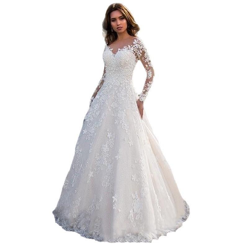 2026 New Style Women's Long-Sleeve Solid Color Sheer Lace Wedding Dress Bridal Gown