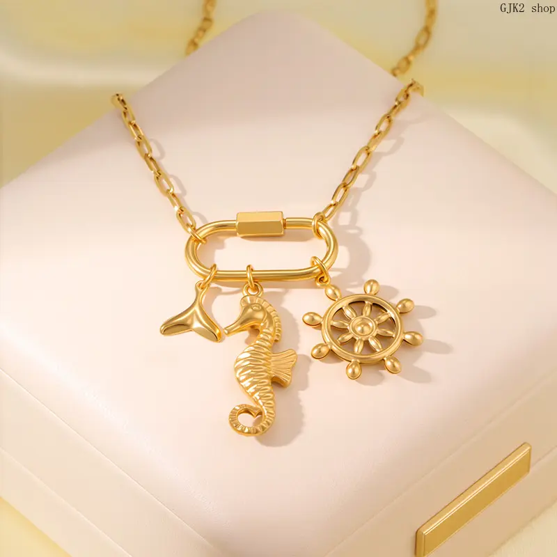 Gold Tone Ocean Theme Seahorse Ship Wheel & Whale Tail Charm Necklace, Stainless Steel Paperclip Chain Jewelry For Women