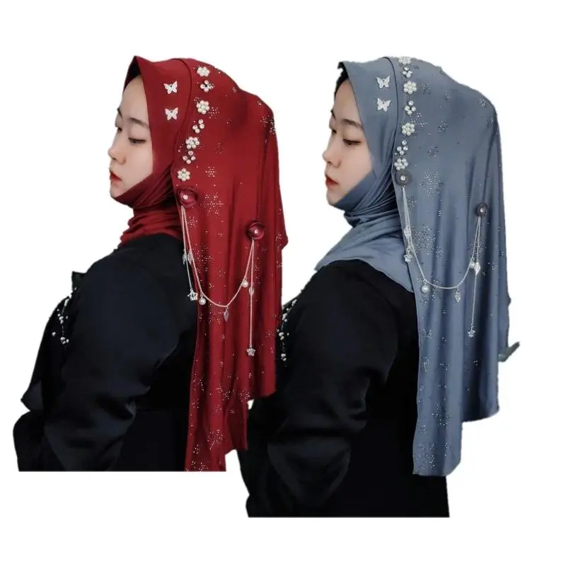 Ramadan Women Scarf Muslim Beads Hijabs Long Scarf Arab Tassels Shawl Fashion Wrap Turban Party Headscarf