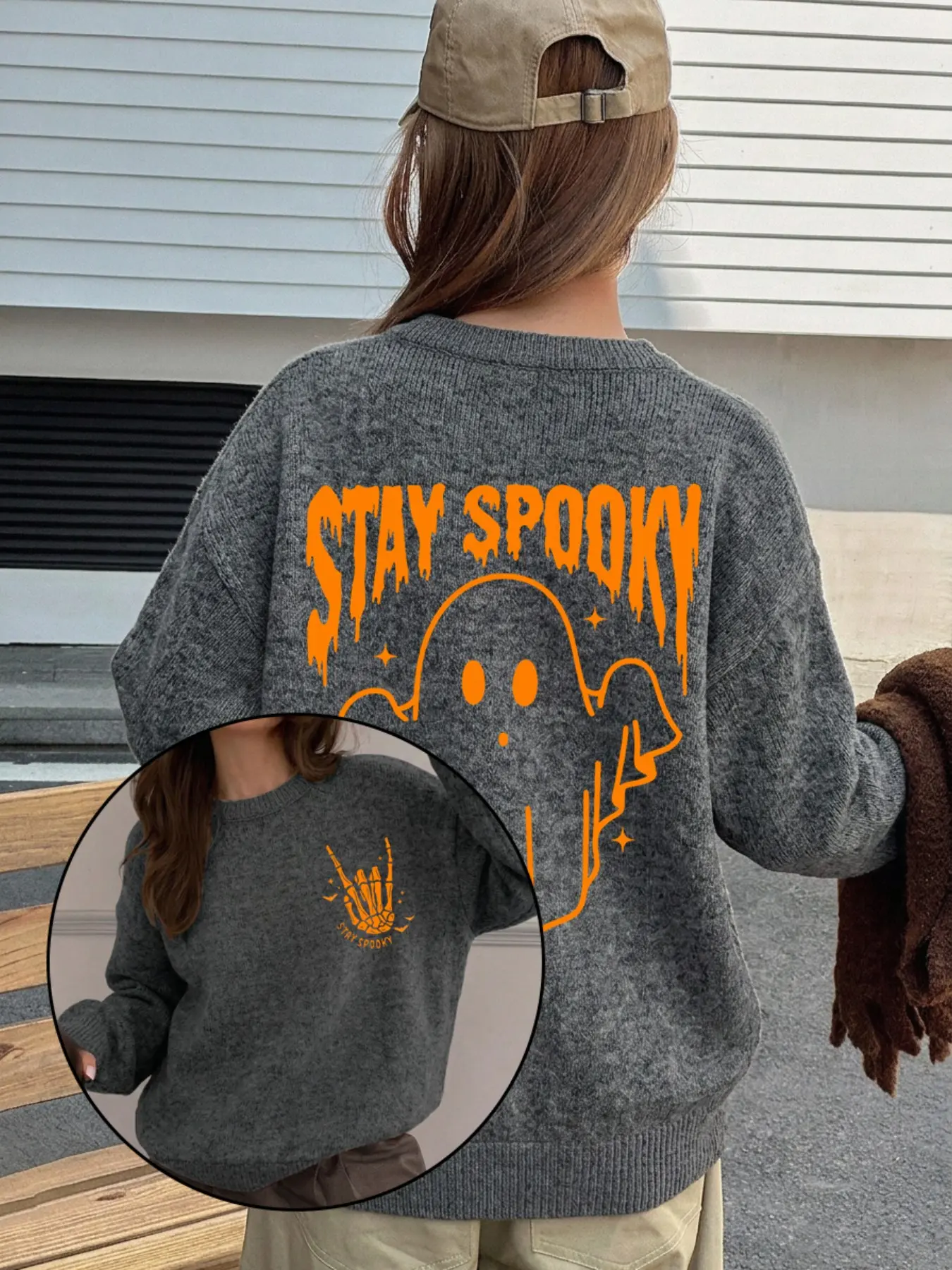 Women Halloween STAY SPOOKY Ghost Graphic Knit Sweater Oversized Long Sleeve Crew Neck Double Side Print Casual Pullover Jumper