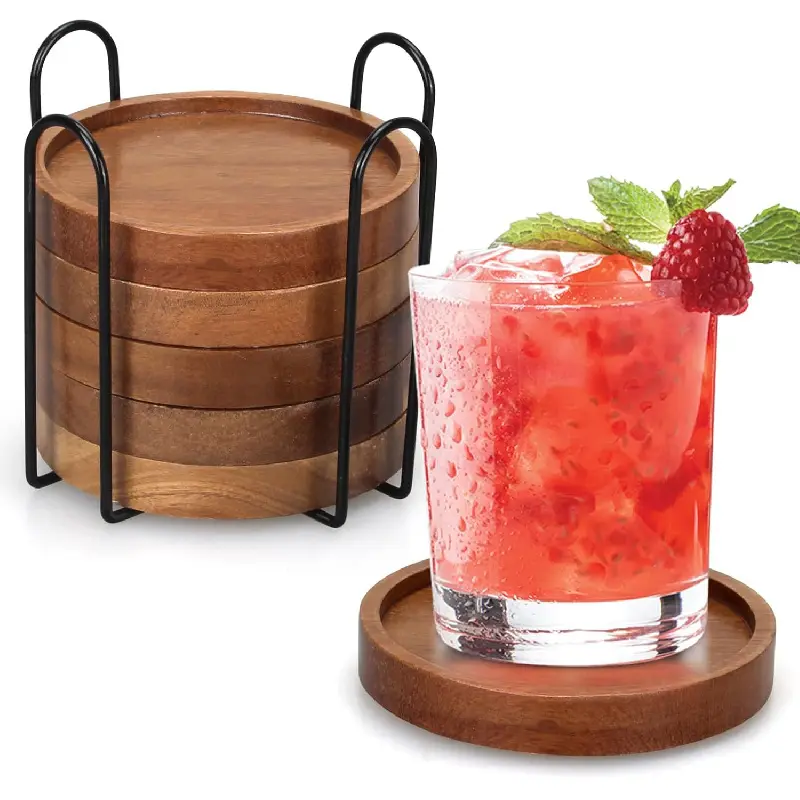 6 Pcs Best Wooden Coasters with Holder Coffee Table Decor Acacia Wood Coaster Set Modern Cup Coaster for Drink Home Dining Table Kitchen Accessories Cute Beer Bar Decorative Rustic Outdoor Coasters