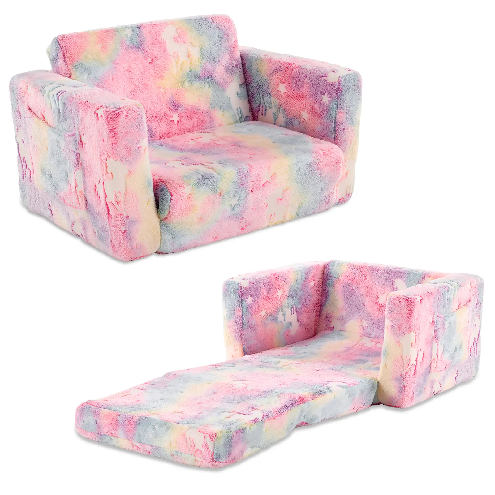 Glow-in-the-Dark Foldable Single Sofa Bed, All-Sponge Chaise Lounge with Pink Unicorn Flannel Upholstery, Indoor Furniture for Room Decor