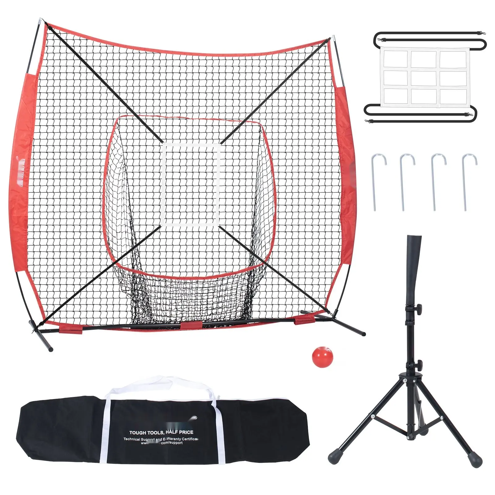 Baseball & Softball Practice Net Set, 7x7 Ft Portable Bow Frame with Knotless Polyester Netting, Adjustable Tee & Strike Zone for Hitting, Catching & Pitching - Inspect Regularly