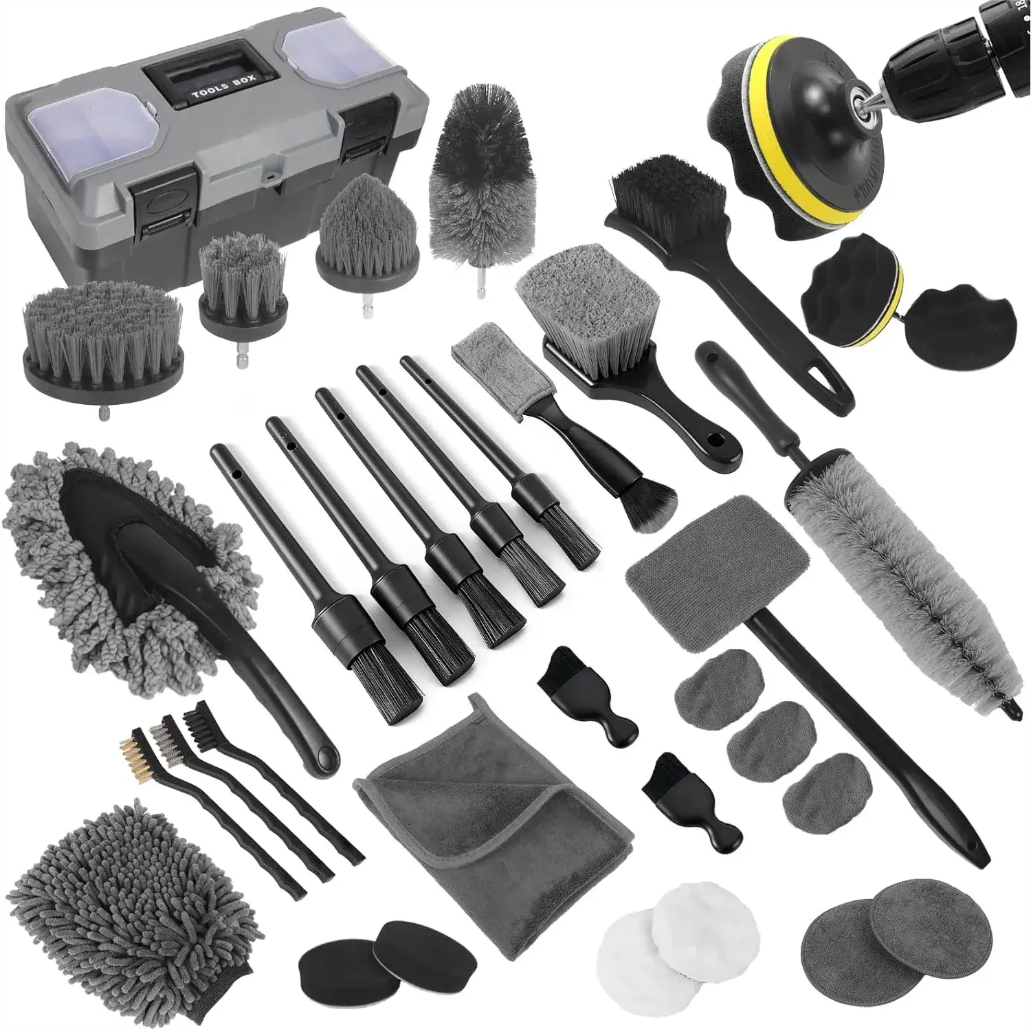 36-Piece Car Detailing Kit: Professional Interior, Exterior & Wheel Cleaning Tools with Windshield Scraper & Storage Box - Achieve Showroom Shine at Home!